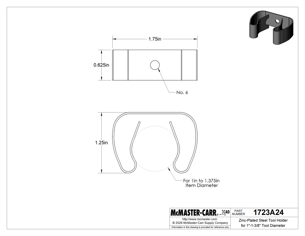 Technical Drawing of Zinc-Plated Steel Tool Holder for 1"-1-3/8" Tool Diameter.